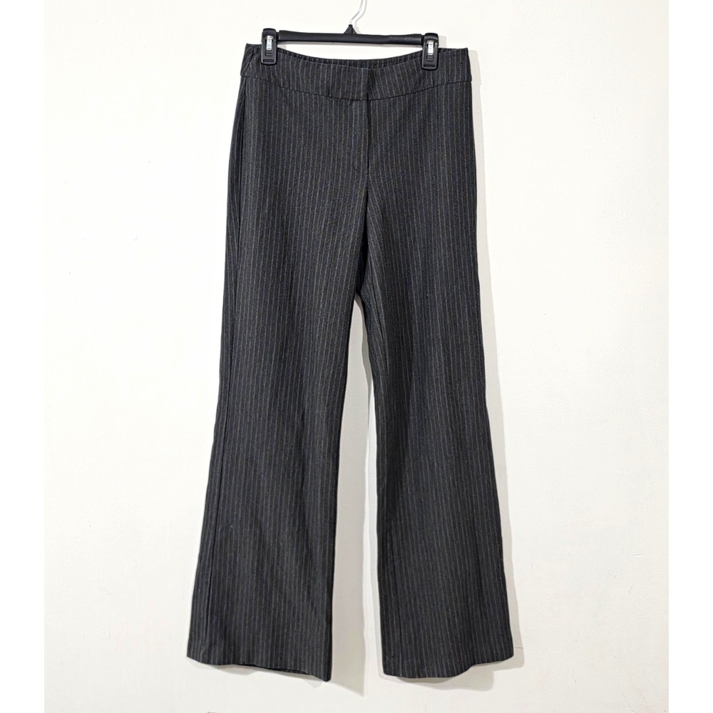 New York & Company Stretch Pinstripe Flare Trousers Grey Womens M Tall Work